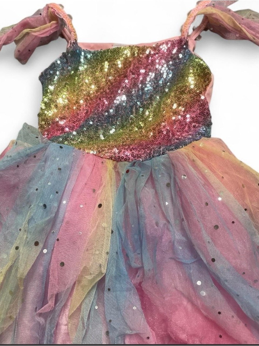 Girls Rainbow Sequin Tulle Party Dress - Pink Multi